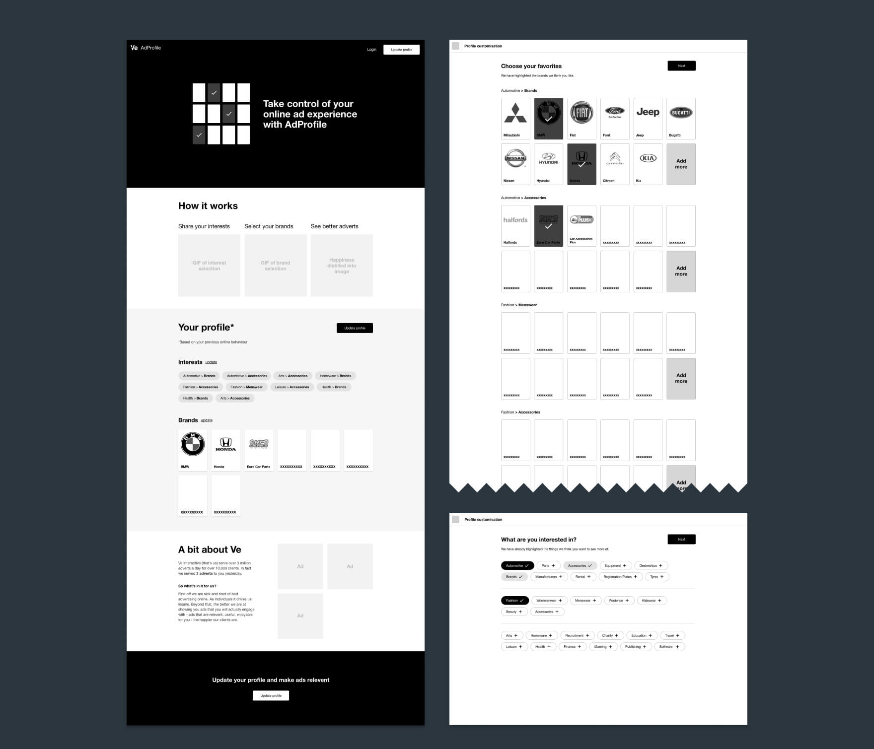 A collage of 3 screens from the AdProfile prototype.