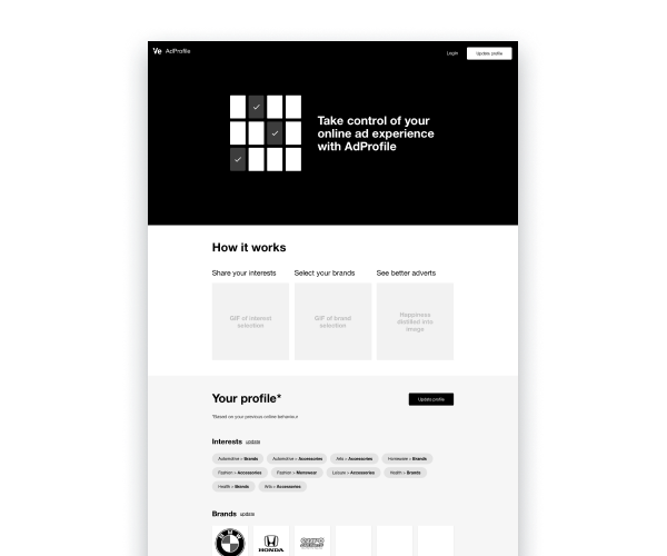 The desktop landing page for the AdProfile service prototype