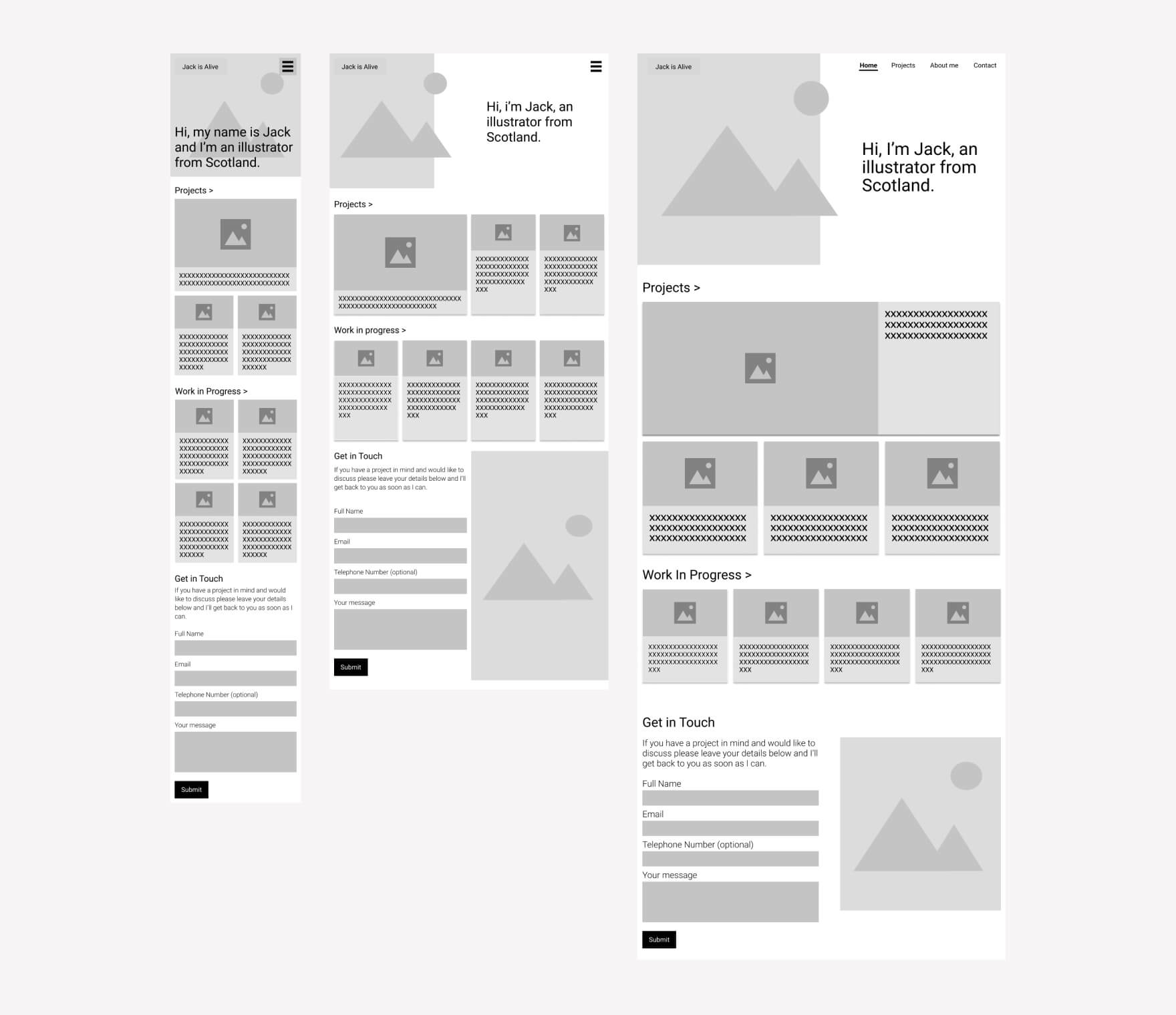 Wireframes for the home page of the 'Jack is Alive' website, displayed at mobile, tablet and desktop break points