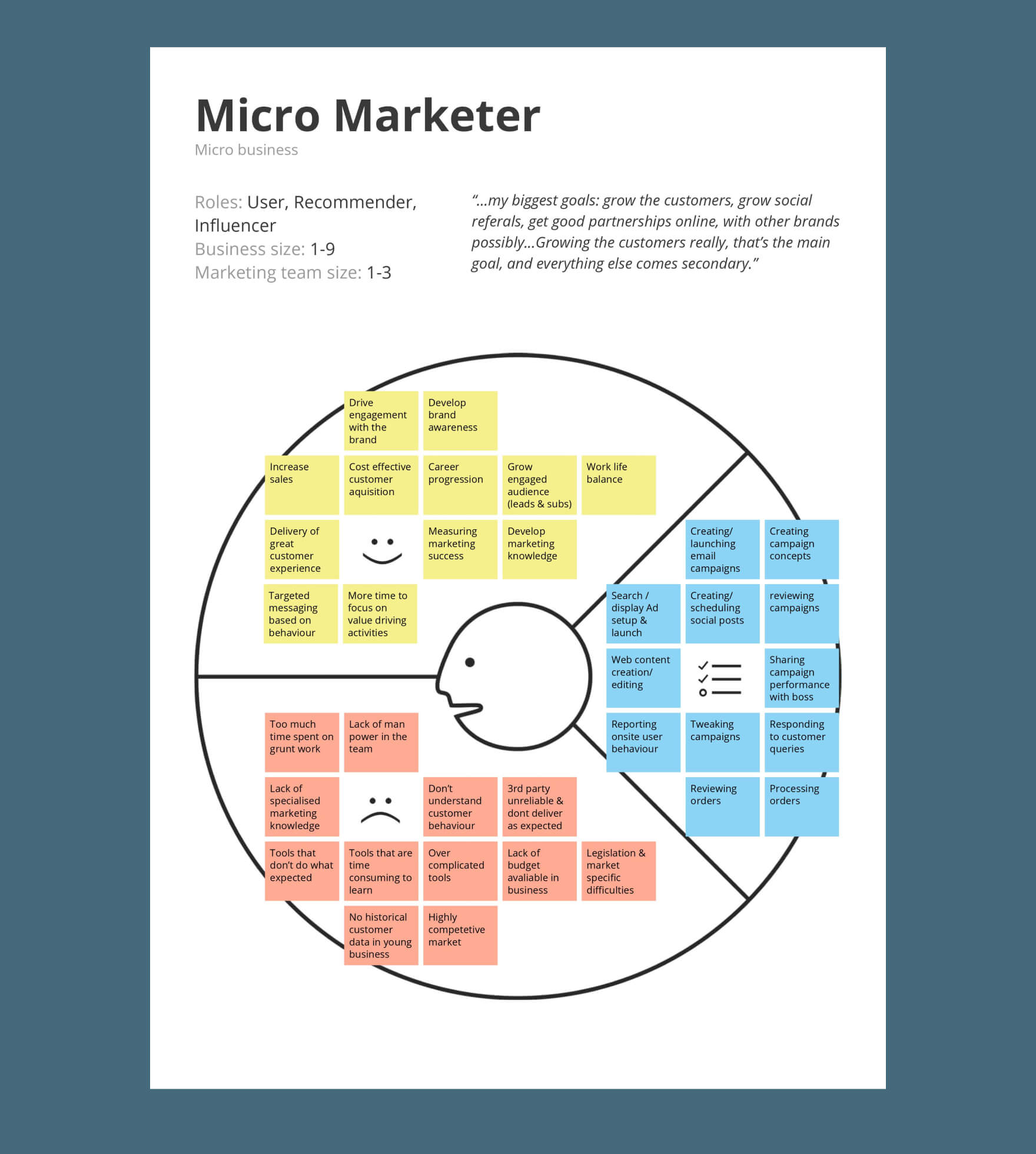 An image of a customer profile for a 'Micro Marketer', detailing demographic characteristics, the jobs they do, the pains they experience and the gains they look for.