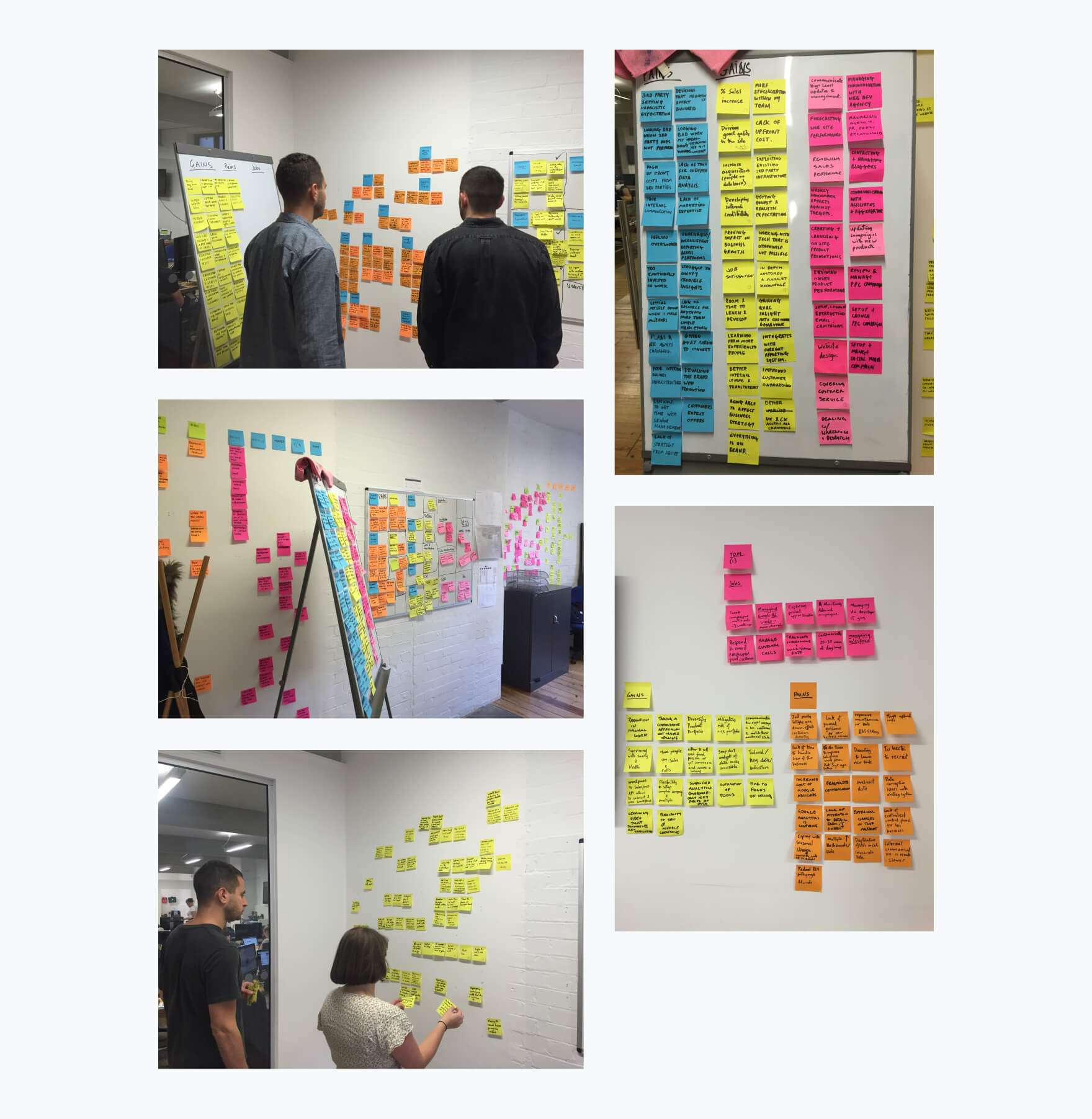 A collage of five photographs showing people organising post-it notes into various groups and priorities.