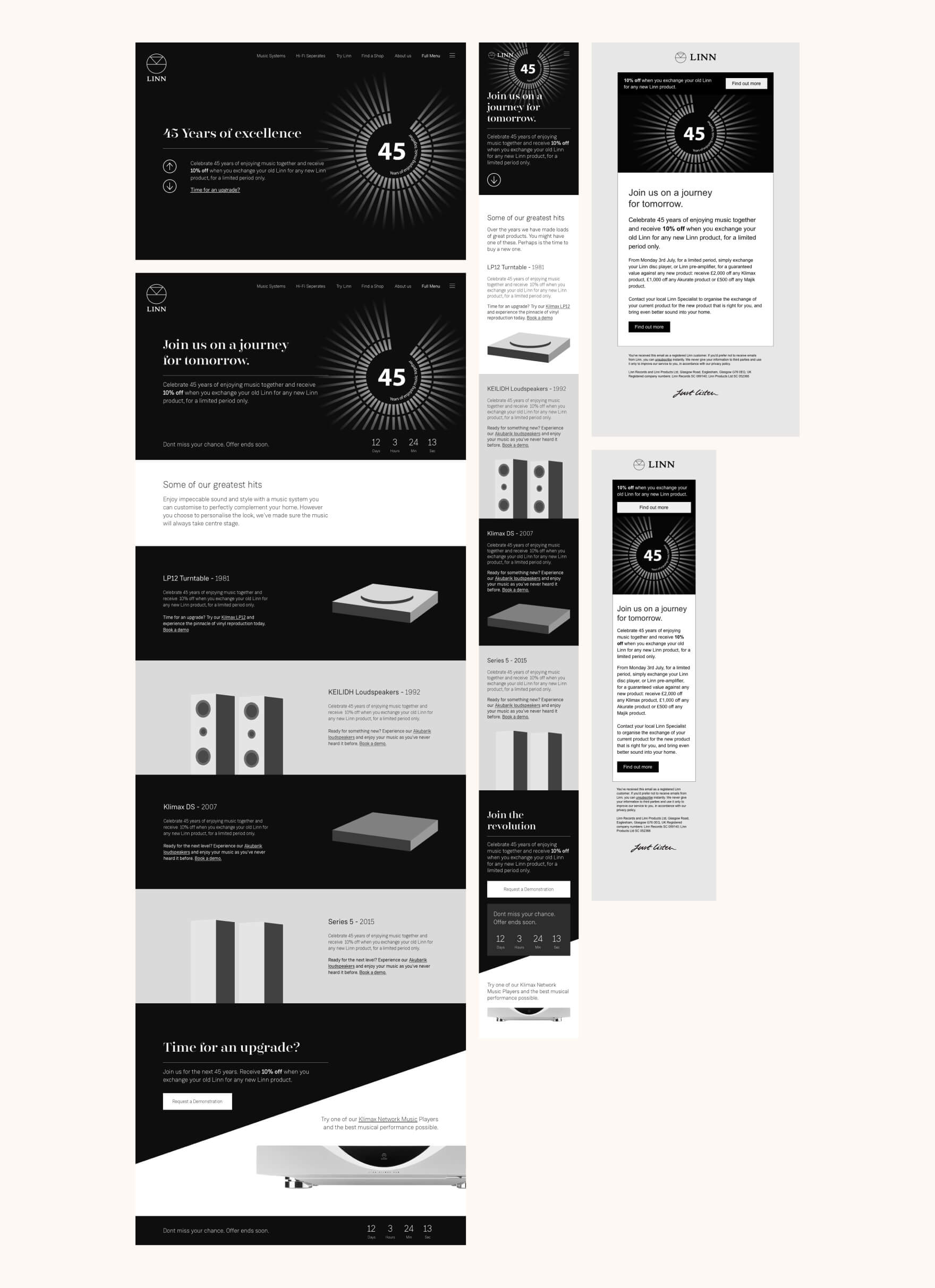 A collection of wireframes from the summer promotion, including designs for the lading page on desktop and mobile devices, and an email on mobile and desktop devices.