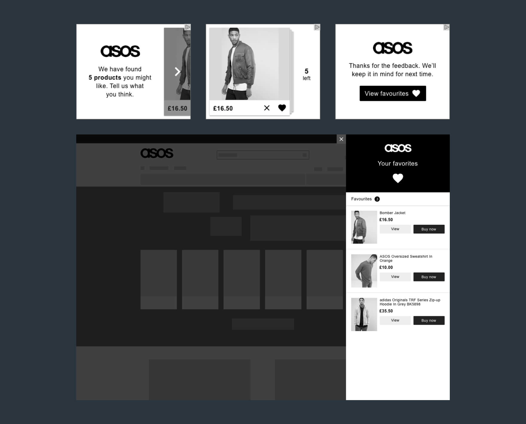 A collage of wireframes produced for the second prototype produced in the design sprint.